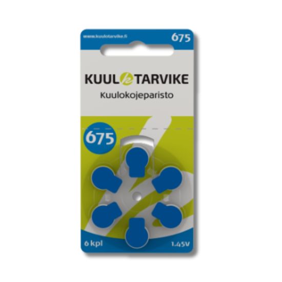 Kuulotarvike kuulolaiteparistot koko 675 eli ns. implanttiparisto sinisellä tunnusvärikoodilla, pakkauksessa 6 kpl ilma-sinkkiparistoja.