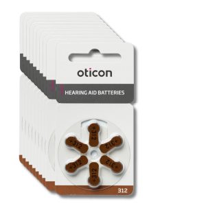 Oticon kuulolaitteiden ilma-sinkkiparistot, koko 312 ruskealla värikoodilla, 10 kpl pakkaus, joka sisältää 60 kpl ilmasinkkiparistoja.