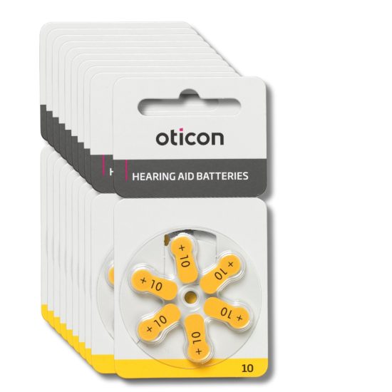 Oticon kuulolaitteiden ilma-sinkkiparistot, koko 10 keltaisella värikoodilla, 10 kpl pakkaus, joka sisältää 60 kpl ilmasinkkiparistoja.