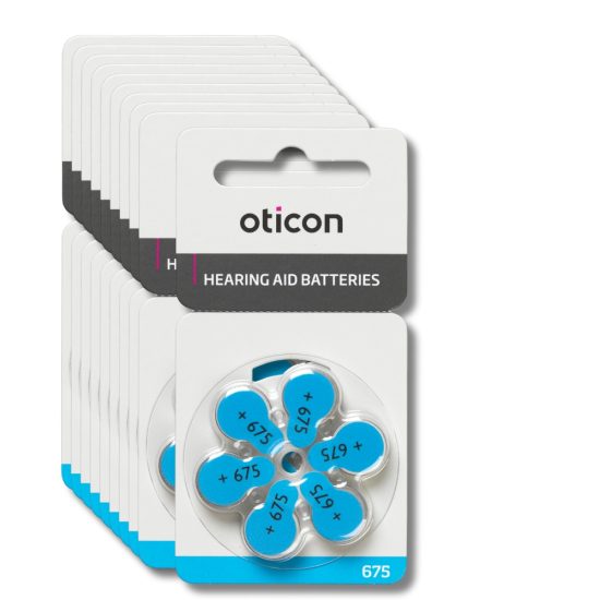 Oticon kuulolaitteiden ilma-sinkkiparistot, koko 675 sinisellä värikoodilla, 10 kpl pakkaus, joka sisältää 60 kpl ilmasinkkiparistoja.