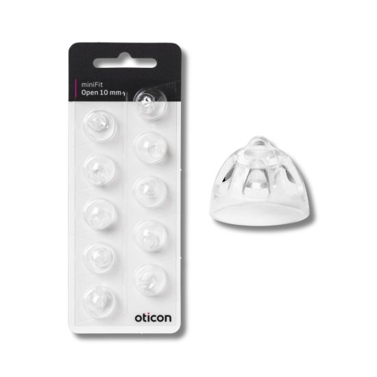 Oticon miniFit Open tippi 10 mm, pakkauksessa 10 kpl tippejä Oticon miniRite kuulokojeisiin, valkoinen pakkaus.