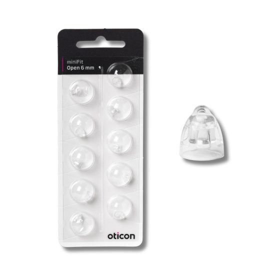 Oticon miniFit Open tippi 6 mm, pakkauksessa 10 kpl tippejä Oticon miniRite kuulokojeisiin, valkoinen pakkaus.
