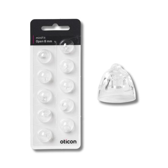 Oticon miniFit Open tippi 8 mm, pakkauksessa 10 kpl tippejä Oticon miniRite kuulokojeisiin, valkoinen pakkaus.