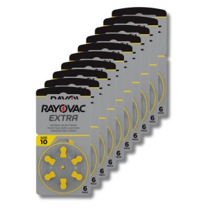 Rayovac EXTRA kuulokojeparistokiekkopakkaus, koko 10, 10 kpl kiekkoja, keltainen värikoodi, pakkaus sisältää 60 kpl ilma-sinkkiparistoja.