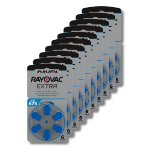 Rayovac EXTRA kuulokojeparistokiekkopakkaus, koko 675, 10 kpl kiekkoja, sininen värikoodi, pakkaus sisältää 60 kpl ilma-sinkkiparistoja, erityisesti implanttikuulokojeille sopiva.