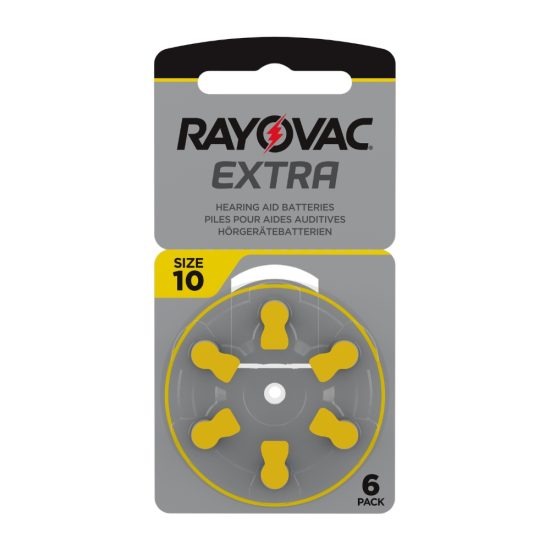 Rayovac EXTRA kuulokojeparistokiekkopakkaus, koko 10, keltainen värikoodi, pakkaus sisältää 6 kpl ilma-sinkkiparistoja kuulolaitteille.