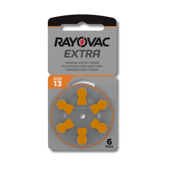 Rayovac EXTRA kuulokojeparistokiekkopakkaus, koko 13, oranssi värikoodi, pakkaus sisältää 6 kpl ilma-sinkkiparistoja kuulolaitteille.