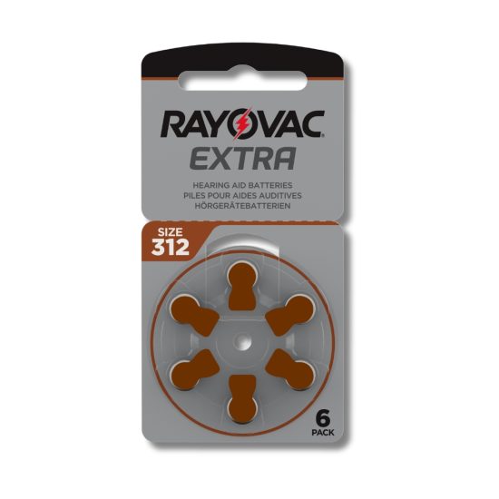 Rayovac EXTRA kuulokojeparistokiekkopakkaus, koko 312, ruskea värikoodi, pakkaus sisältää 6 kpl ilma-sinkkiparistoja.