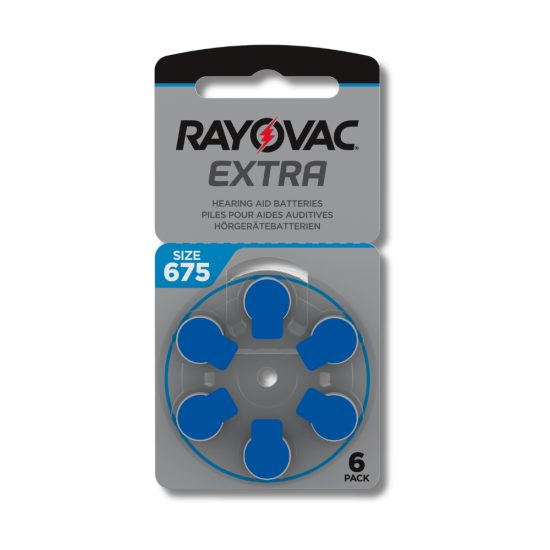 Rayovac EXTRA kuulokojeparistokiekkopakkaus, koko 675, 10 kpl, sininen värikoodi, pakkaus sisältää 6 kpl ilma-sinkkiparistoja.