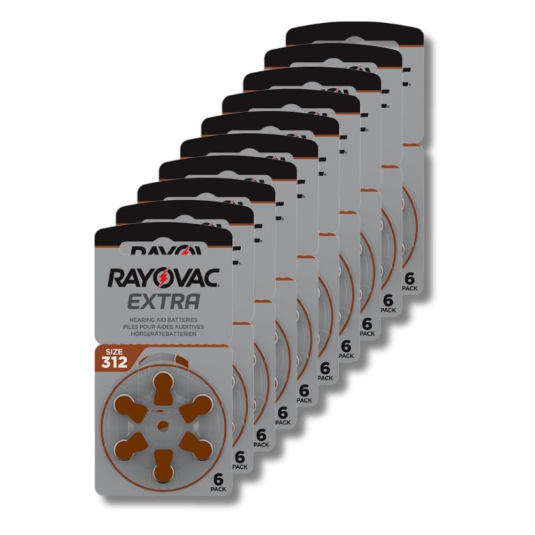 Rayovac EXTRA kuulokojeparistokiekkopakkaus, koko 312, 10 kpl kiekkoja, ruskea värikoodi, pakkaus sisältää 60 kpl ilma-sinkkiparistoja.