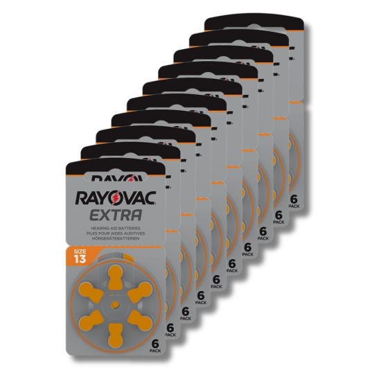 Rayovac EXTRA kuulolaitteiden paristokiekkopakkaus, koko 13,10 kpl kiekkoja, oranssi värikoodi, pakkaus sisältää 60 kpl ilma-sinkkiparistoja.