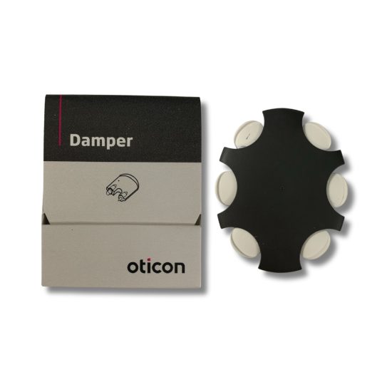 Oticon Damper vahasuoja pakkauksessa on 6 kpl vahasuojia ja valkoiset kertakäyttöiset vaihtotyökalut.