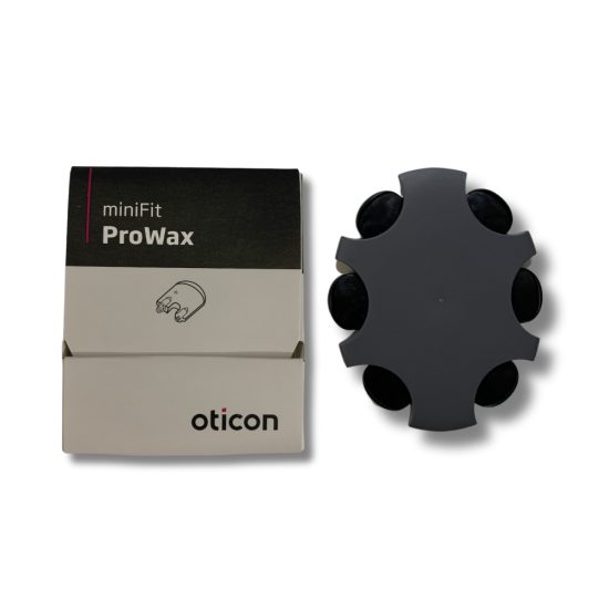 Oticon Prowax minifit vahasuoja -pakkauksessa on 6 kpl vahasuojia ja mustat kertakäyttöiset vaihtotyökalut.