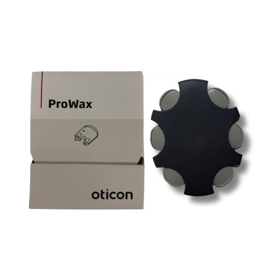 Oticon Prowax vahasuoja -pakkauksessa on 6 kpl vahasuojia ja harmaat kertakäyttöiset vaihtotyökalut.