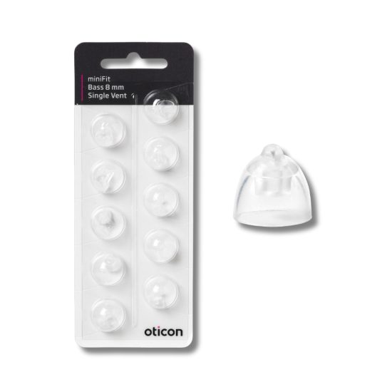Oticon miniFit Bass 8mm, Single Vent tippi yhdellä tuuletusaukolla. Pakkauksessa tipit on pakattu yksittäin, jotta en on helppo ottaa käyttöön. Pakkauksessa 10 kpl tippejä.