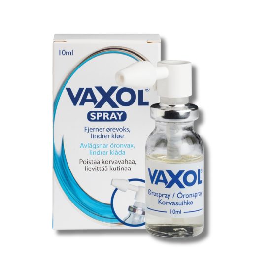 Vaxol korvasuihke on 10 ml pullossa, jossa on korvakäytävään sopiva suihkepää.
