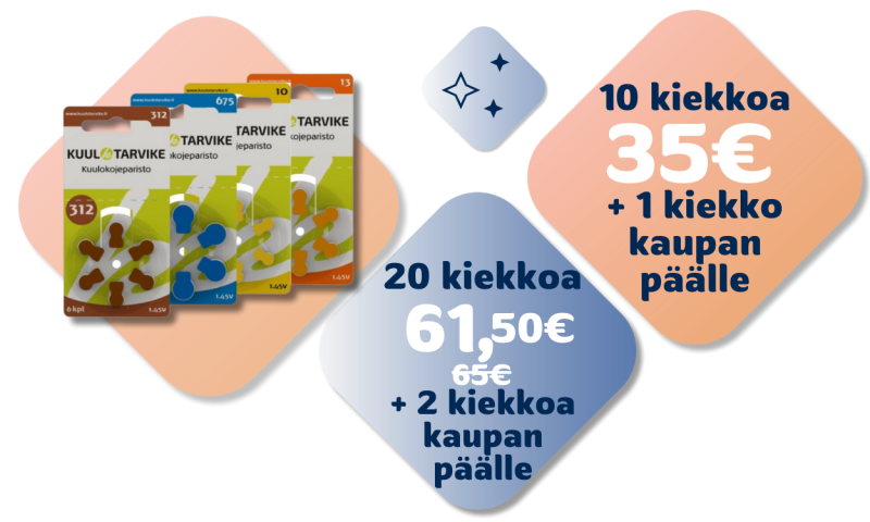 Kuulokojeparistojen ALE ja etukampanja syyskuun ajan Kuulotarvikekaupassa. Kaikki paristokoot. Etubannerit Osta 10. saat yhden kiekon kaupan päälle. Osta 20 säästöpakkaus. Saat jopa kaksi extrakiekkoa ja 5% lisäalennuksen.