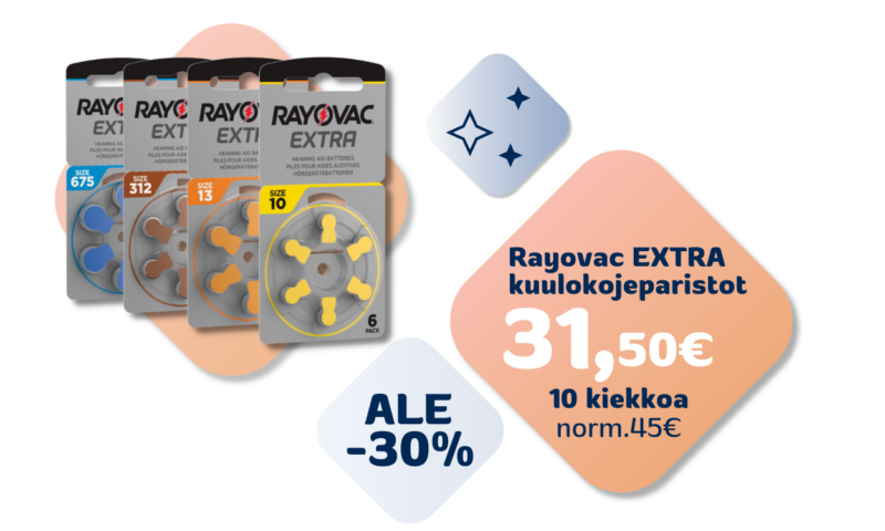 Kuulotarvike ALE-30% Rayovac kuulokojeparistot kaikkiin kojeisiin. Myös yksittäispakkaukset. Osta enemmän säästä.